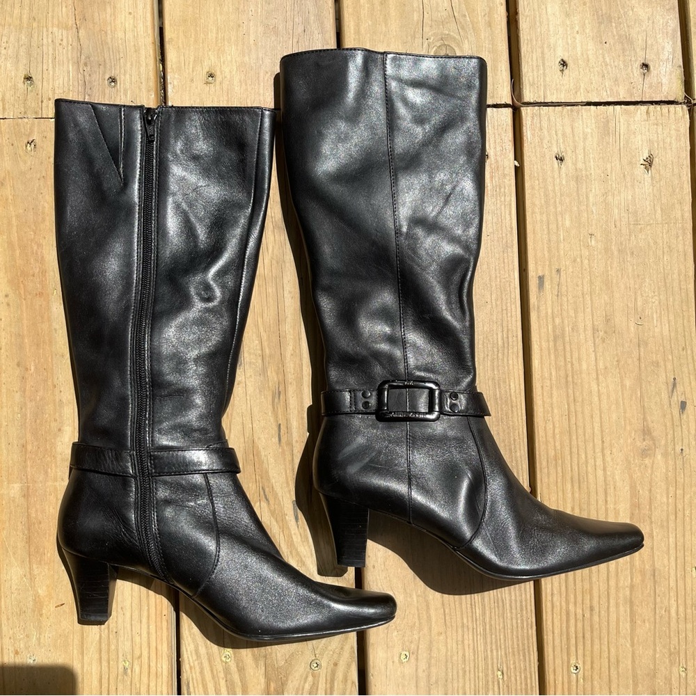 Anne Klein Black Leather Knee-High Women's Healed Boots Buckle Zipper 2” Heel